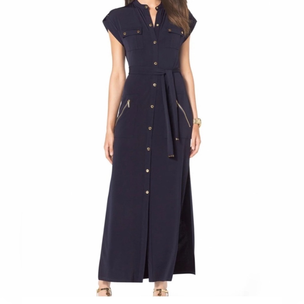 🎉HOST PICK 11.2025🎉Michael Kors Navy and Gold Button Down Maxi Dress Size XS